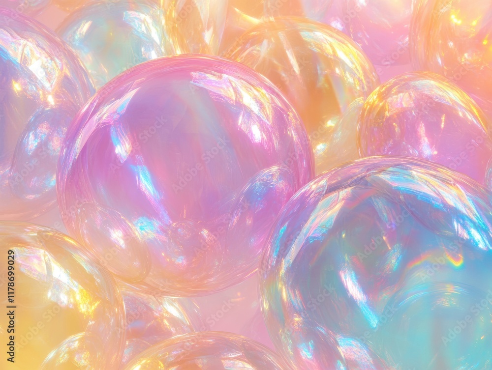 Poster colorful soap bubbles with iridescent reflections floating in a dreamy background, creating a soft a