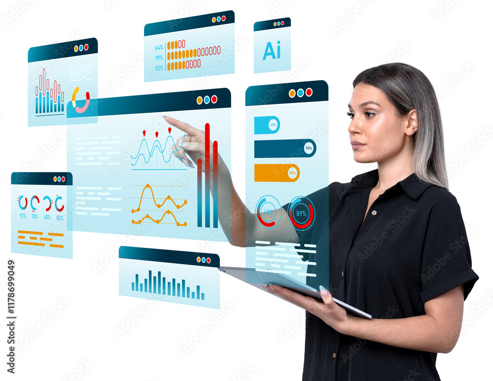 Poster woman using futuristic interface with data graphs and statistics, working with virtual screens, isol