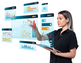 Woman using futuristic interface with data graphs and statistics, working with virtual screens,...