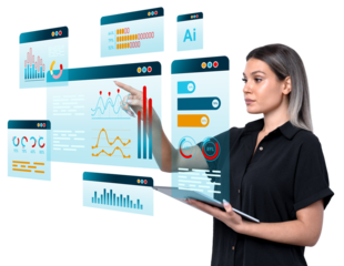 Woman using futuristic interface with data graphs and statistics, working with virtual screens, isolated on white background, concept of technology