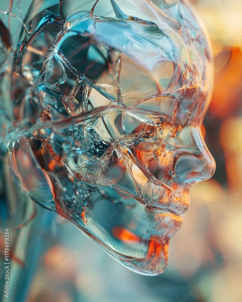 Poster surreal fragmented glass brain with light refractions