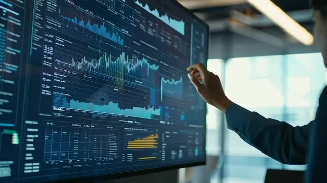 A silhouette of a professional analyzing complex data visualizations on large digital screens in a futuristic workspace. The scene conveys innovation, technology, and big data insights