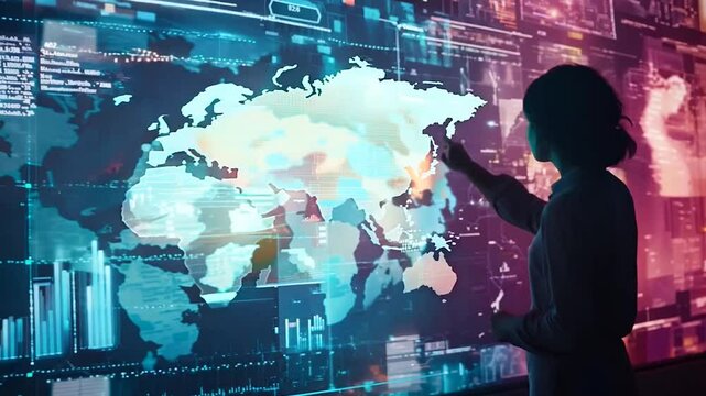A silhouette of a professional analyzing complex data visualizations on large digital screens in a futuristic workspace. The scene conveys innovation, technology, and big data insights