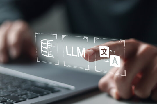 LLM, AI large language model concept. Person using laptop with large language model icons, Big data, data transfer, generative ai, natural language generative and data mining.