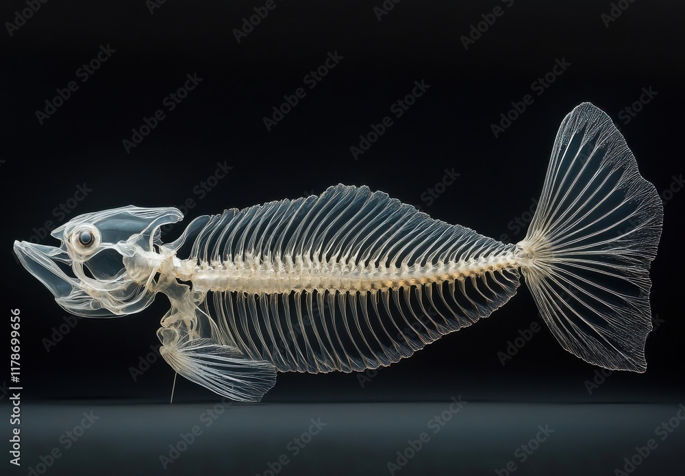 Poster detailed anatomical view of an x-ray fish skeleton displaying intricate bone structure and natural f