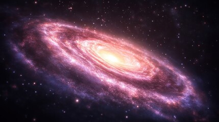 Obraz premium An abstract nebula with swirling pink and purple hues, illuminated by starlight, casting a shimmering glow across the surrounding void of space.