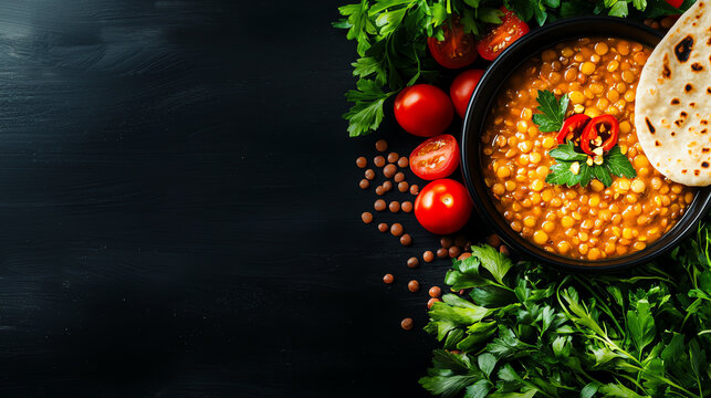 Warm lentil soup with a touch of cumin and a side of soft pita bread, nutritious and filling