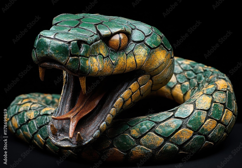 Poster detailed and colorful sculpture of a snake with intricate scale patterns and open mouth, captured dr
