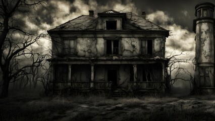 Obraz premium A haunting, dilapidated house surrounded by barren trees and a dark sky.