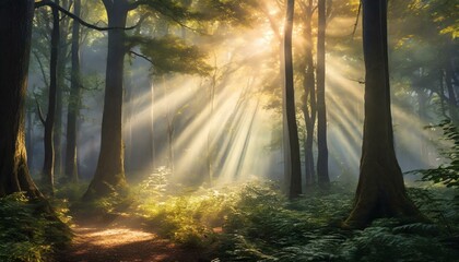 Obraz premium Foggy Forest with Sunbeams Piercing Through Trees