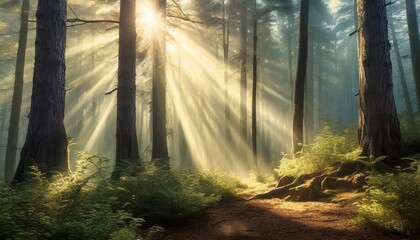 Naklejka premium Sunbeams in a Foggy Forest Scene