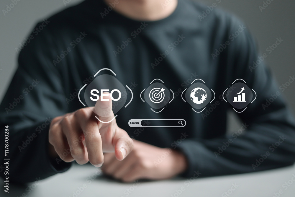 Poster person analyze seo search engine optimization for promoting ranking traffic on website and optimizin