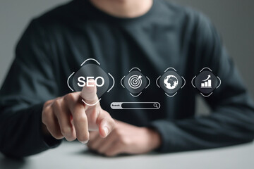 Person analyze SEO search engine optimization for promoting ranking traffic on website and...