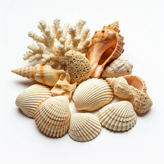Obraz premium beautiful seashells and coral on a white background