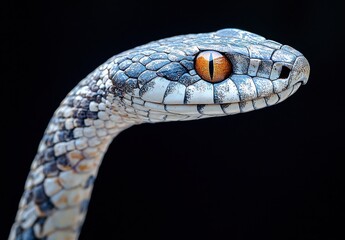 Detailed Close-Up of a Stunning Snake with Unique Scales and Striking Amber Eye Against a Dark Background, Perfect for Nature and Wildlife Themes