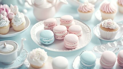 Fototapeta premium A delightful assortment of pastel macarons and cupcakes arranged elegantly on a table.