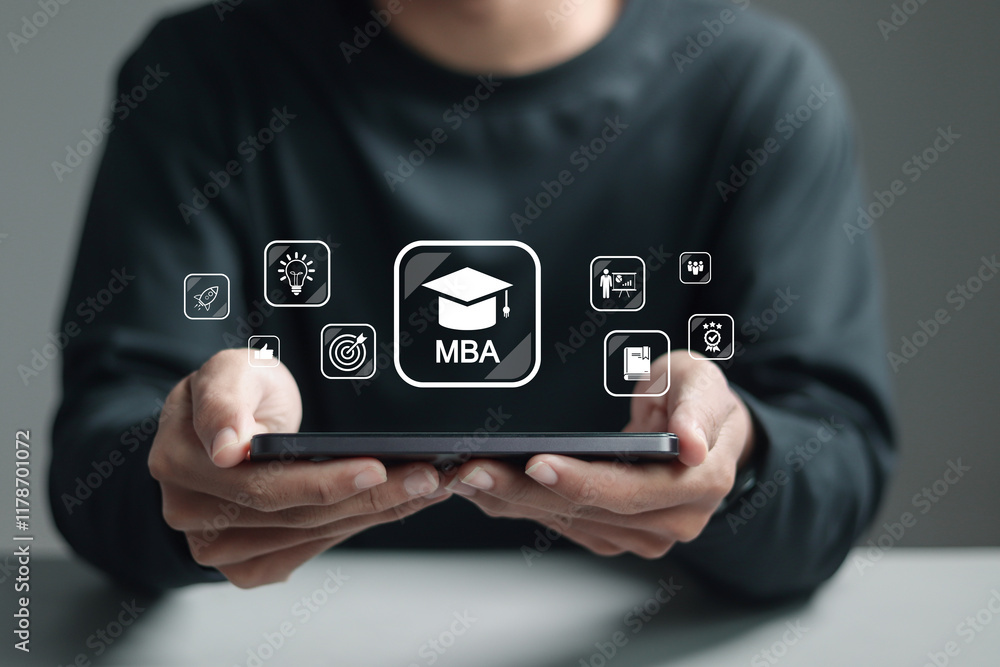 Poster mba, master of business administration program concept. person with mba icons on virtual screen for 