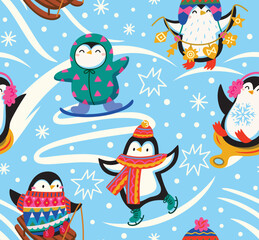 Penguins are skating on blue background. Pattern Design. Winter scene