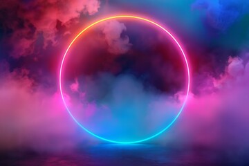 Colorful neon ring in a foggy background, clouds illuminated in bright colors, creating an abstract...