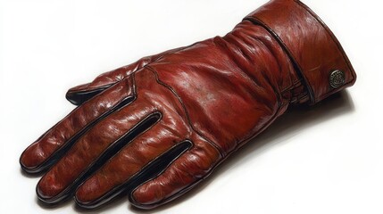 Close-up of a worn brown leather glove on white background.