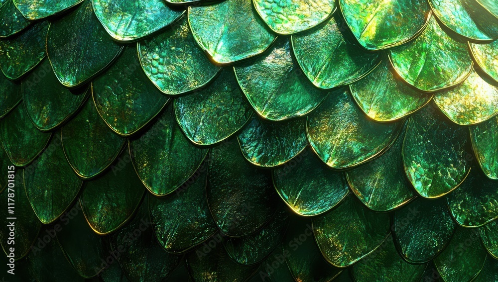 Poster Detailed Close-Up of Shimmering Green Scales with a Textured Surface, Capturing Light and Color Variation In An Abstract Nature Background
