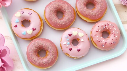 Delicious pink frosted donuts on a tray.
