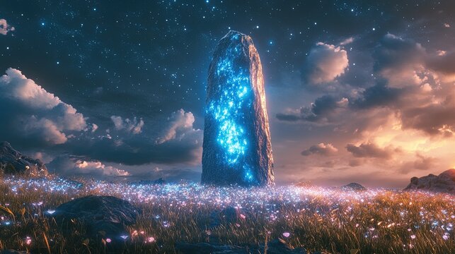 A glowing alien monolith surrounded by bioluminescent grass under a starry sky