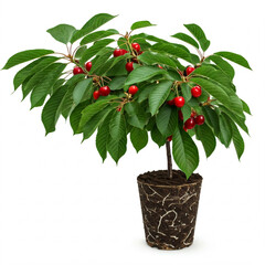 cherry tree with red ripe cherries in pot on white background