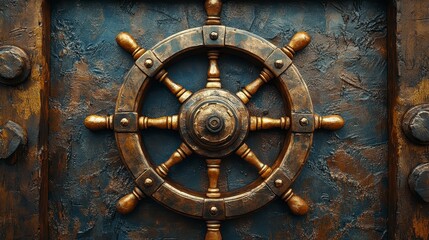 Obraz premium Close-up of an antique ship's wheel on a rustic metal background.