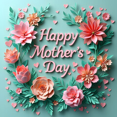 Obraz premium Happy Mother's Day Floral Design – Beautiful Paper Flowers and Heart Decoration