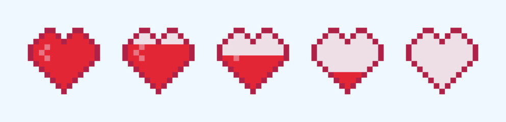 Pixel art health bar and hearts icons