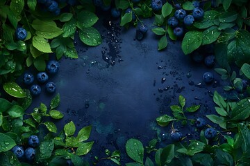 Blueberries & Lush Green Leaves on Dark Background