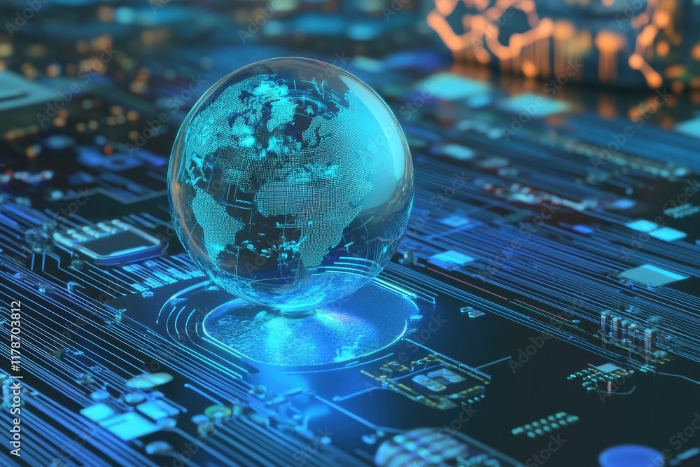 Poster digital globe illuminated on a circuit board in a futuristic technology setting