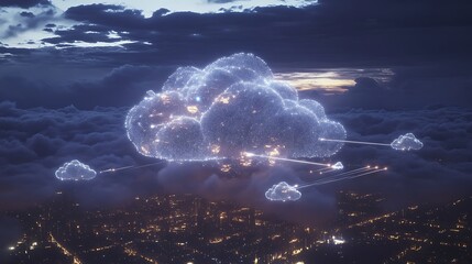 A digital cloud structure over a cityscape, symbolizing data storage and connectivity.