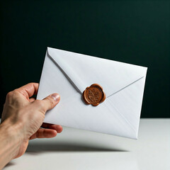 white envelope with a copper wax seal held by a hand against a dark green background