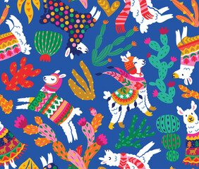 White llamas, alpacas in winter sweaters, scarf, hats and cactuses isolated on navy blue background. Pattern Design