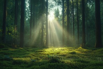 Sunlight filtering through trees creates a magical atmosphere in a serene forest at dawn
