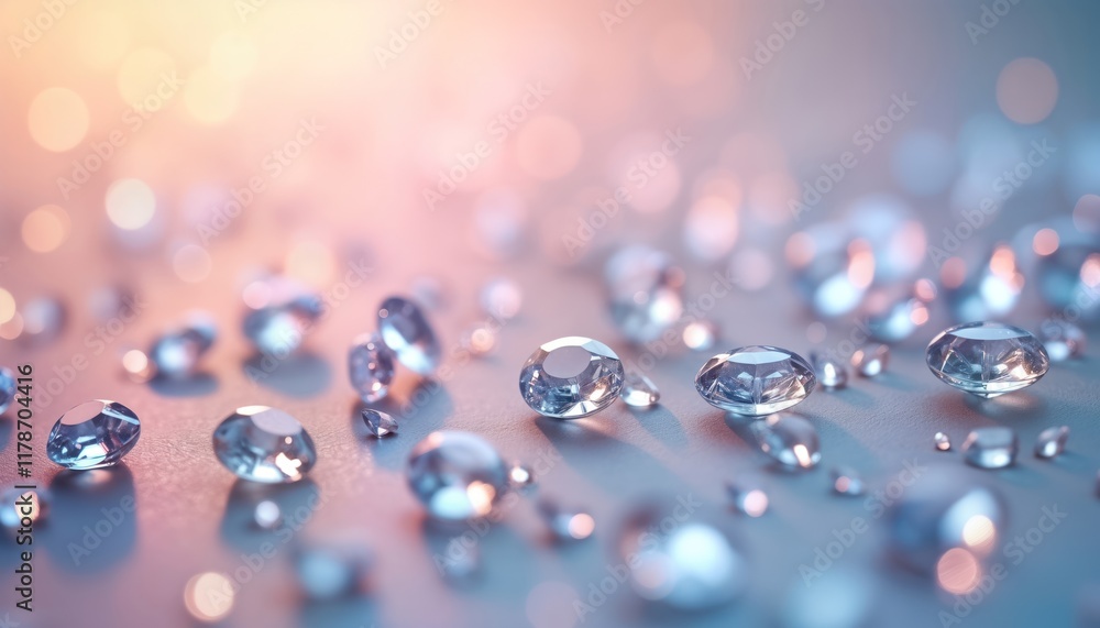 Poster Many sparkling diamonds scattered on soft gray surface. Blurry background creates sense of depth. Beautiful light catches gems reflecting beauty. Suitable for jewelry, fashion, luxury themed images.