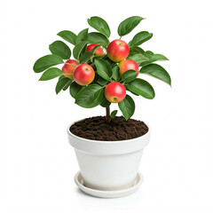 small green potted apple tree with red apples on a white background