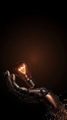 A robotic hand holds a glowing lightbulb, symbolizing innovation and futuristic ideas.