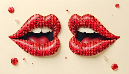 Fototapeta premium An illustration of dotted vintage modern illustration of halftone male and female lips, cut out of paper with spech bubbles. This is a Y2K collage element