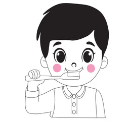 Cute Boy Brushing Teeth Outline Coloring Page. Cute Boy Brushing Teeth Fun Outline Coloring Page for Kids. isolated on white background. linear sketch.