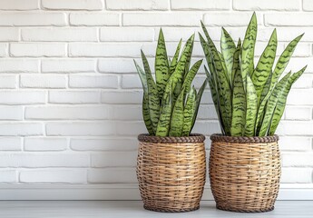 Elegant Indoor Plants in Woven Baskets Against a Modern White Brick Wall Enhancing Contemporary Home Decor with Natural Greenery and Texture