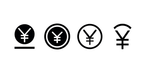 Four Black Circle Yen Symbols. Yen icon and logo. Japanese Yen coin icon on white background.