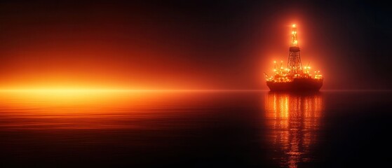 Fototapeta premium An illuminated oil rig stands in calm waters at dusk, surrounded by a glowing horizon, creating a dramatic, serene atmosphere.