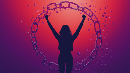 A powerful image depicting a woman standing strong with her arms raised, surrounded by a circle of broken chains symbolizing freedom from violence