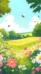 cute cartoon panorama landscape of spring field