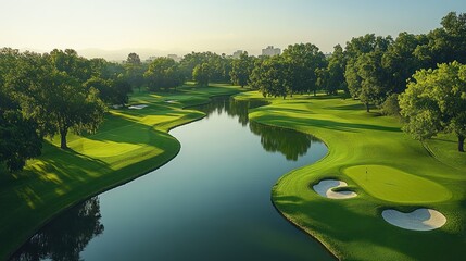 Serene Golf Course Landscape: An Aerial View of Lush Greens and Tranquil Waters