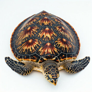 closeup of a hawksbill sea turtle with orange brown and black shell on a white background