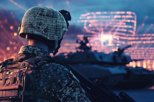Soldier observing battlefield with advanced technology at dusk in a military setting